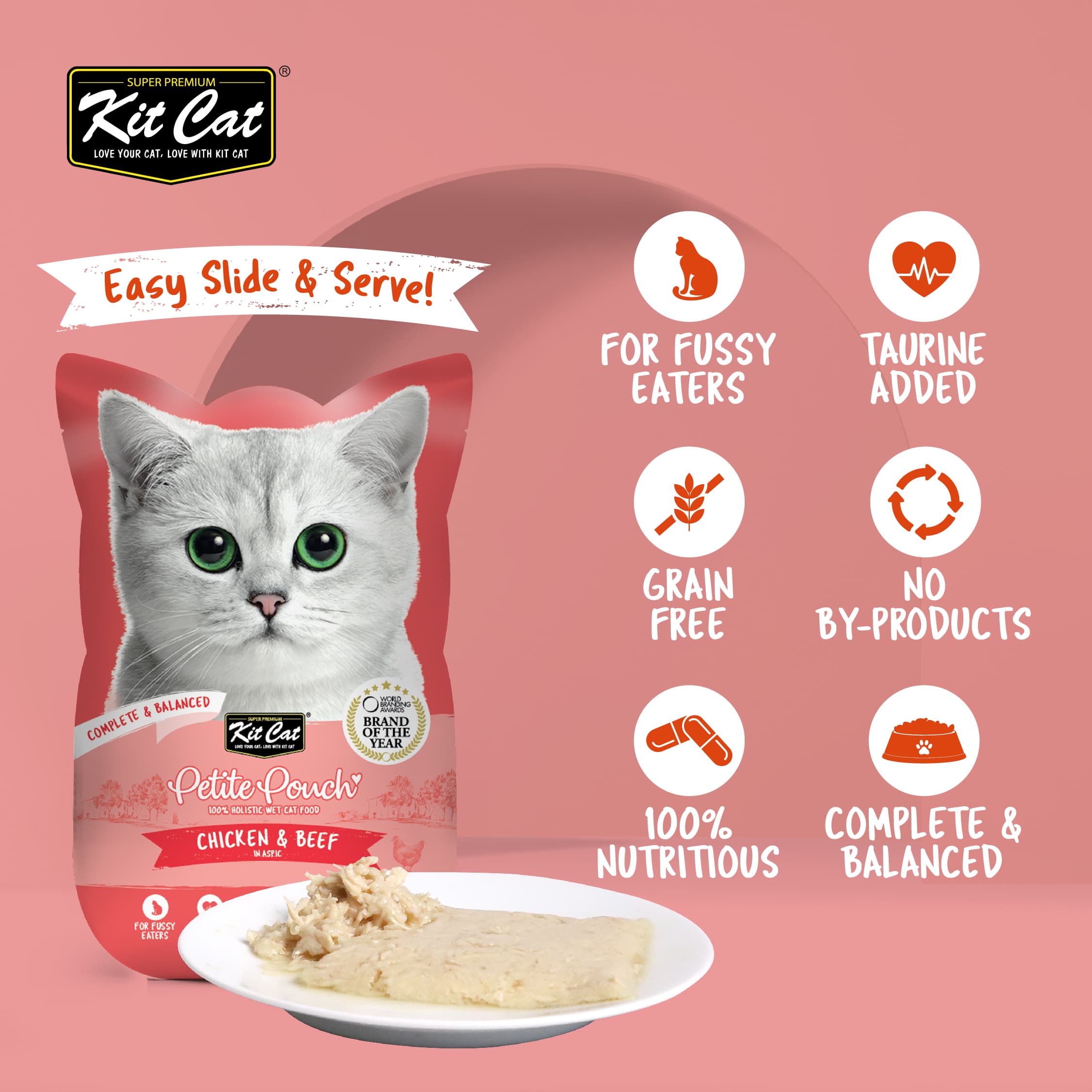 Kit Cat Petite Pouch Complete & Balanced Wet Cat Food - Chicken & Beef in Aspic (70g)