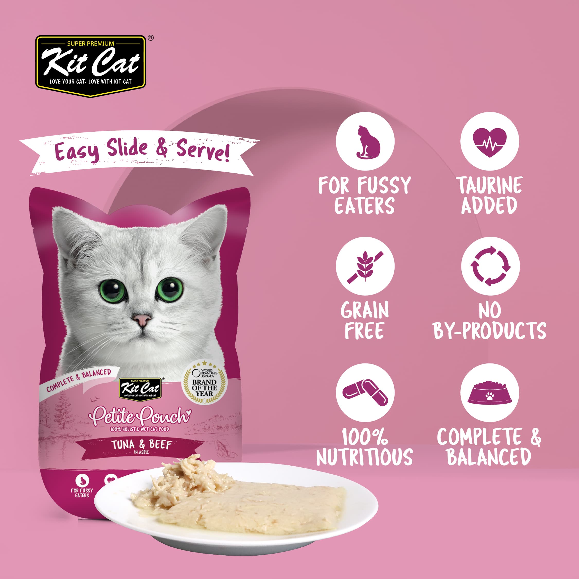 Kit Cat Petite Pouch Complete & Balanced Wet Cat Food - Tuna & Beef in Aspic (70g)