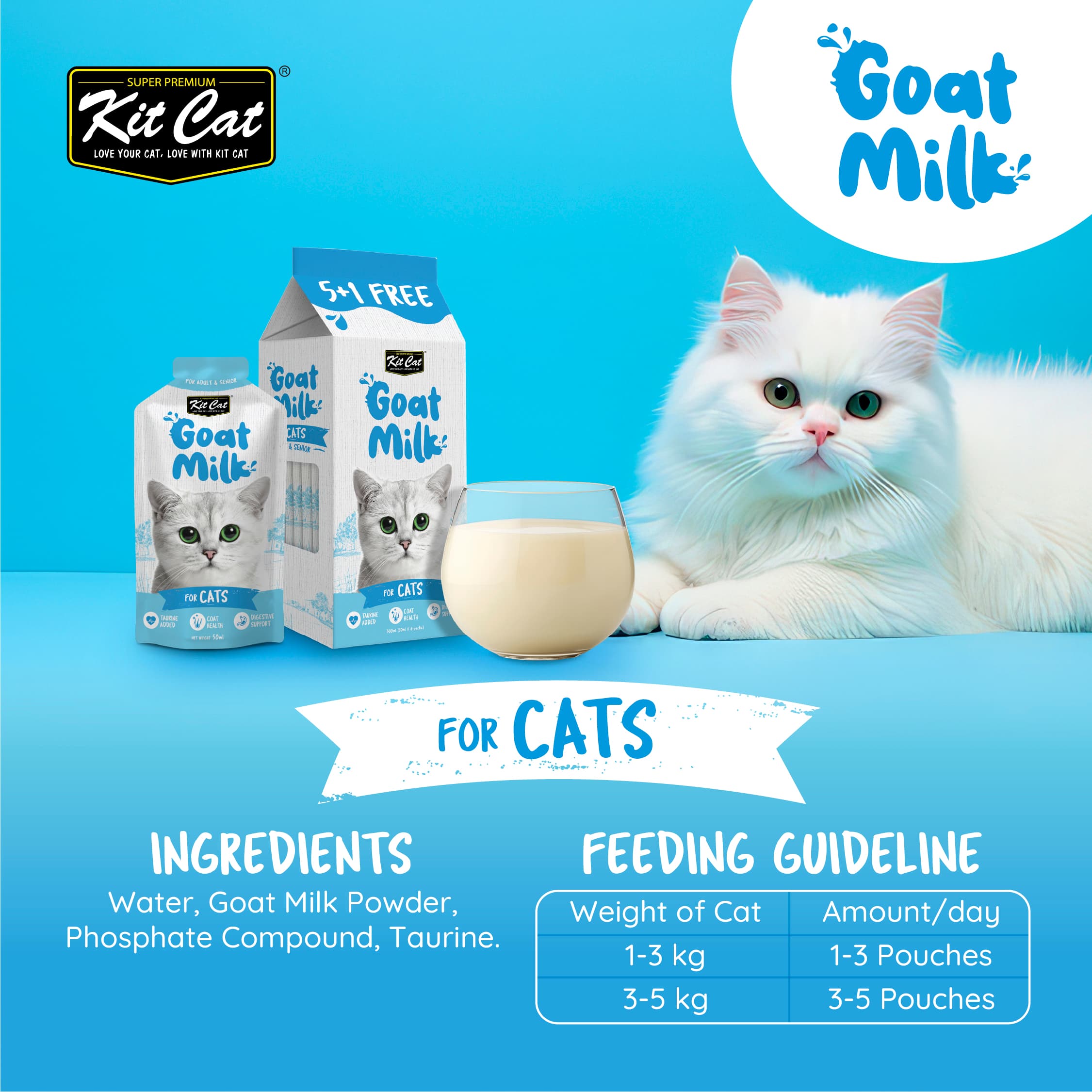 Kit Cat Lactose-Free Goat Milk Pouches for Cats 300ml (50ml x 6) | Carton of 8