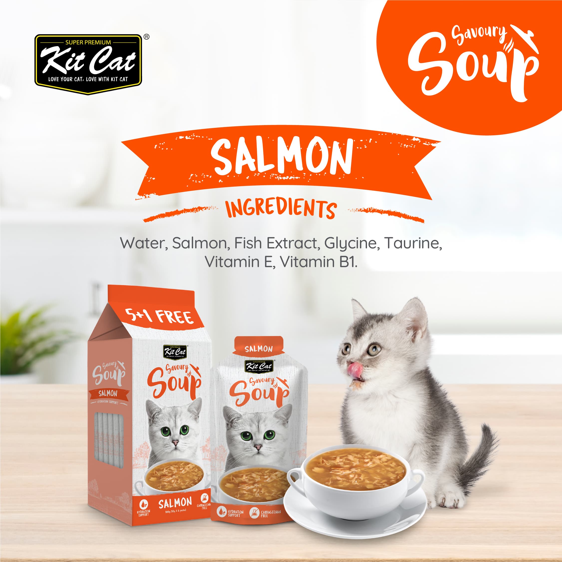 Kit Cat Savoury Soup Wet Food Pouches for Cats - Salmon (50g x 6) | Carton of 8