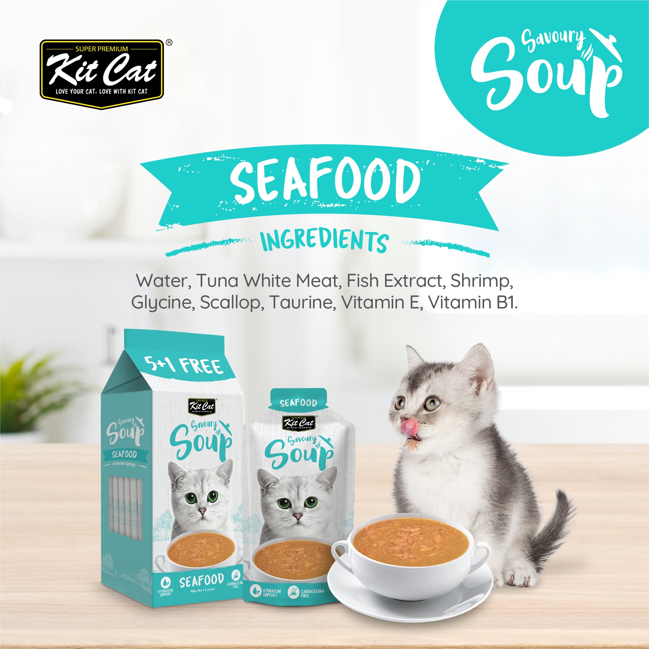 Kit Cat Savoury Soup Wet Food Pouches for Cats - Seafood (50g x 6) | Carton of 8