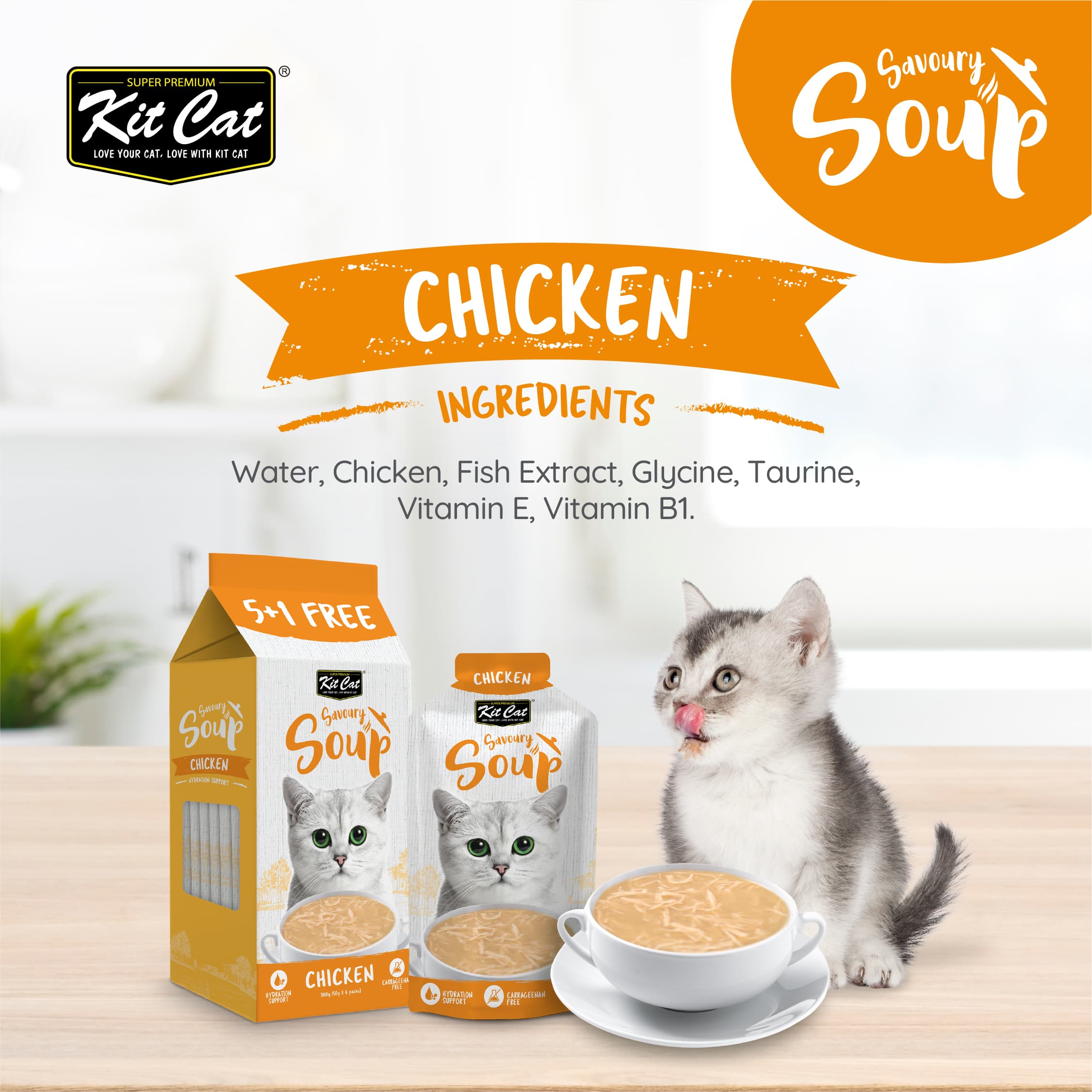 Kit Cat Savoury Soup Wet Food Pouches for Cats - Chicken (50g x 6) | Carton of 8