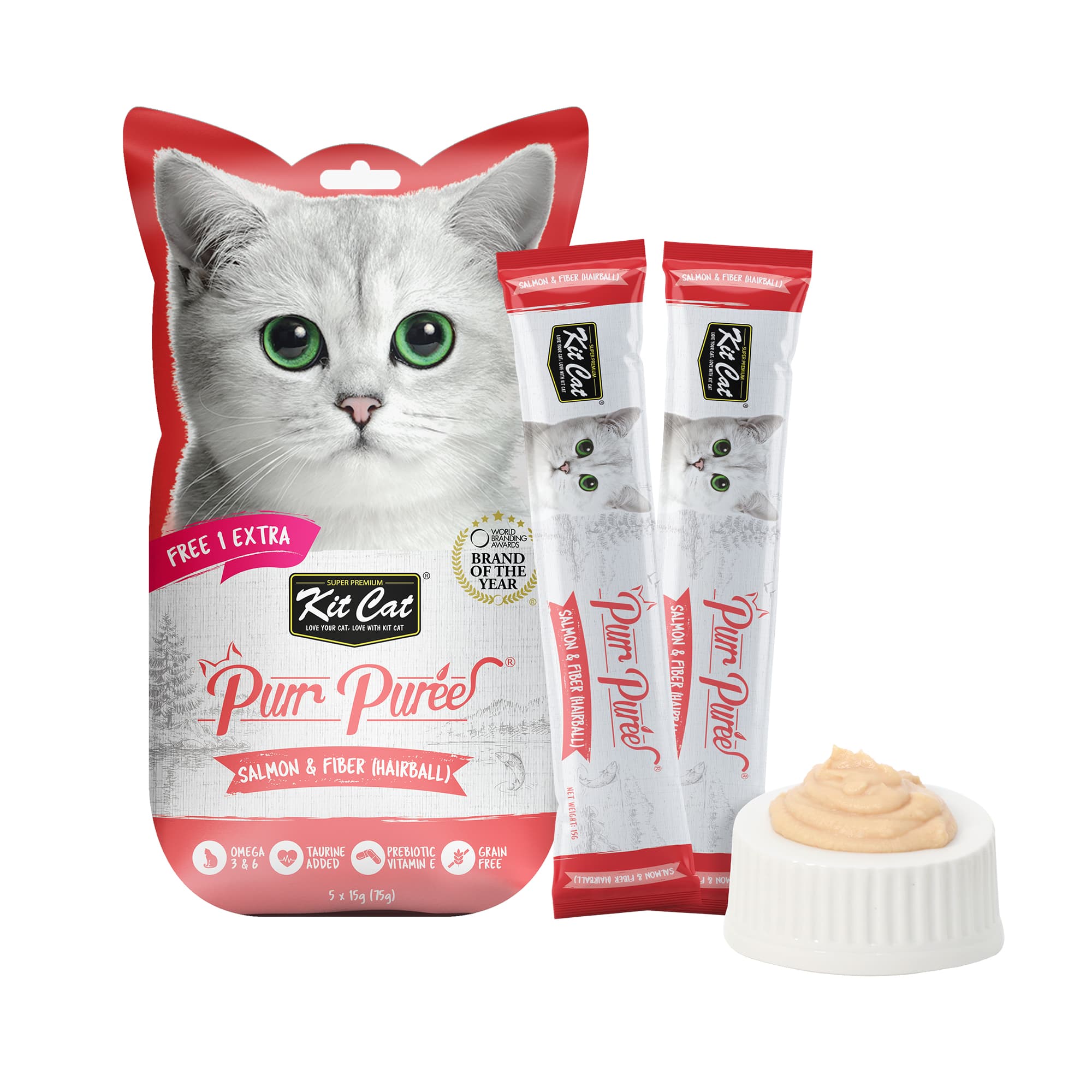 Kit Cat Purr Puree Salmon & Fiber (Hairball) (15g) | 5 Sticks