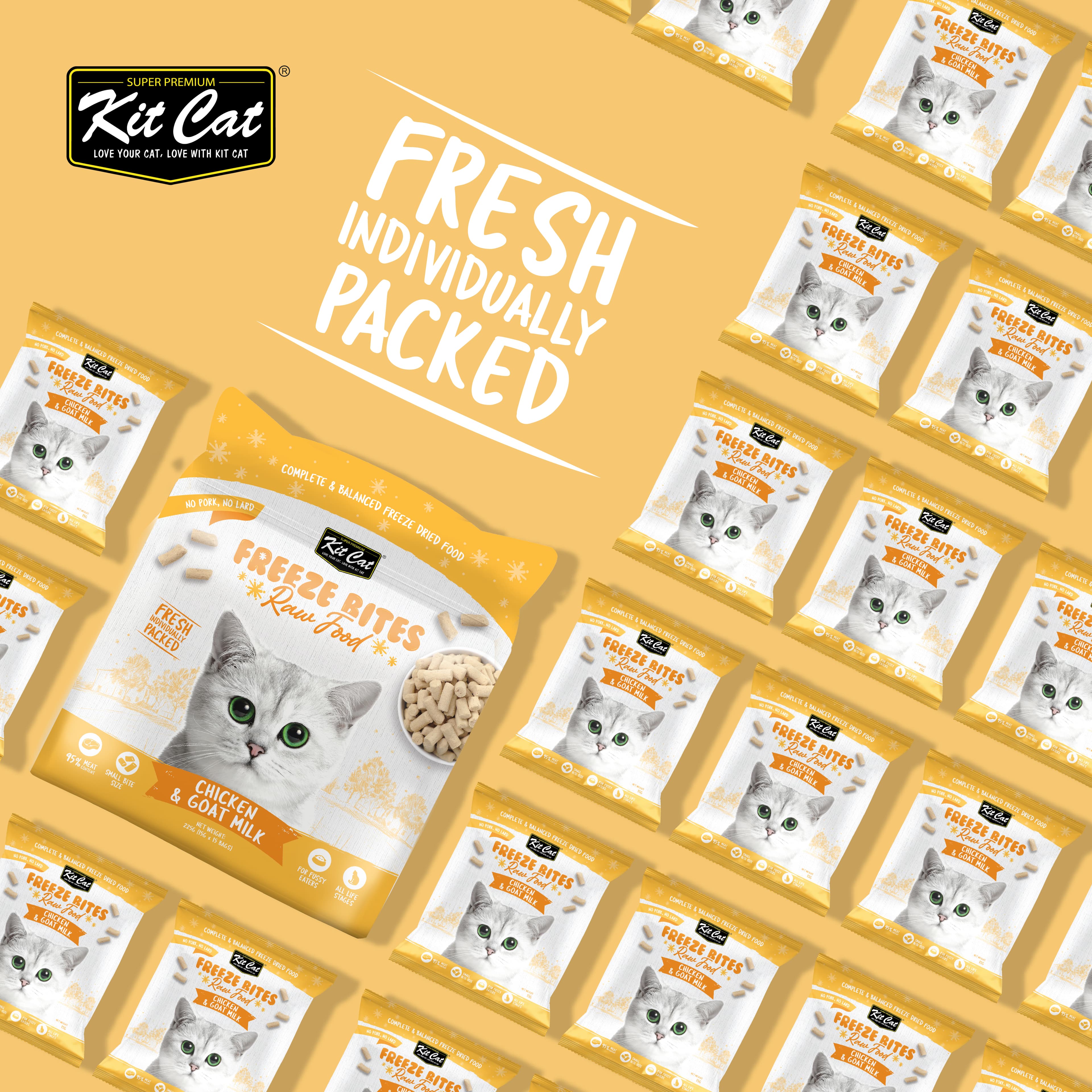 Kit Cat Freeze Bites Raw Diet for Cats - Chicken & Goat Milk (225g) | 15 Packs