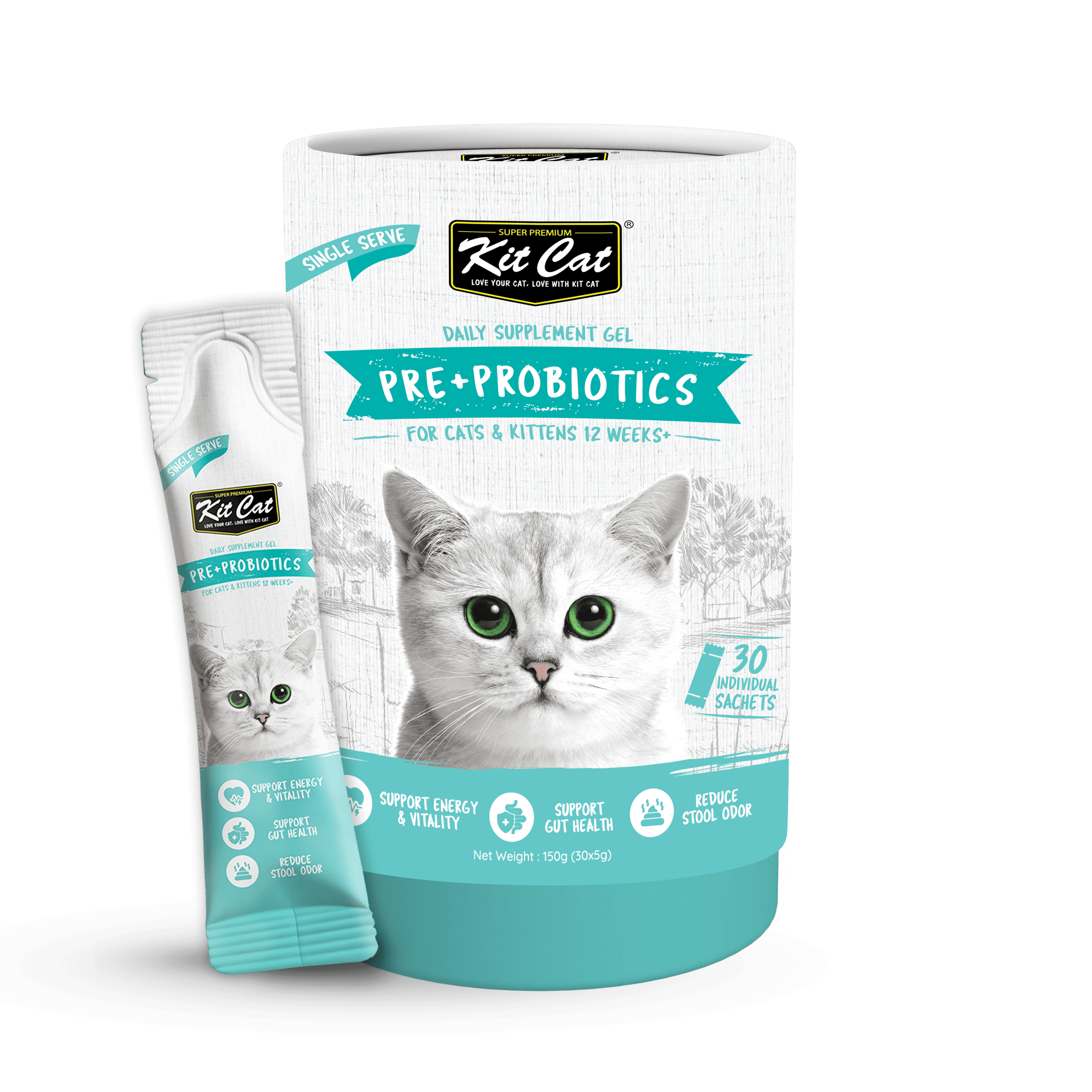 Kit Cat Daily Nutritional Supplement Gel For Cats & Kittens - Pre+Probiotic Care Tub) | (5g x 30 sticks) #NEW