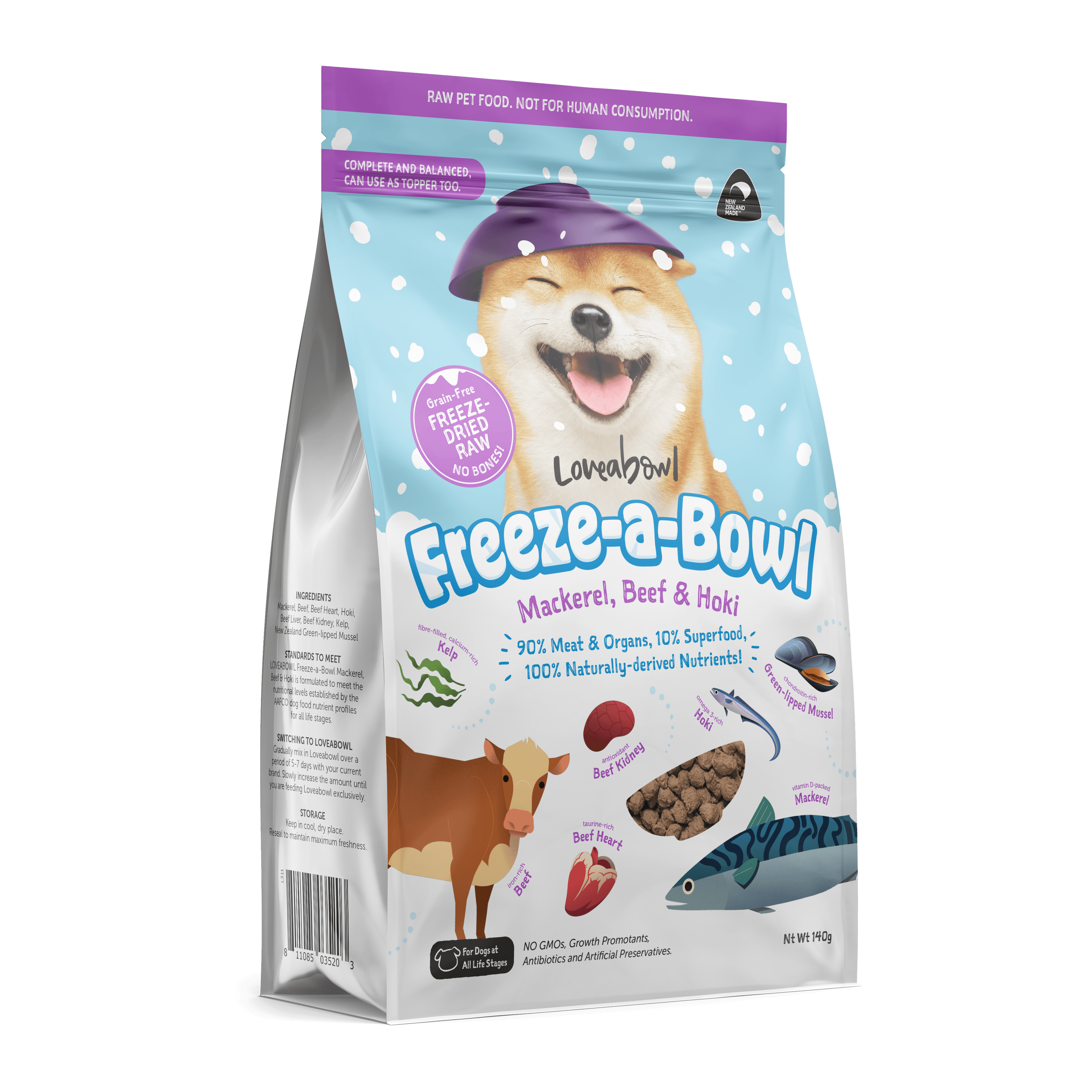 Loveabowl Freeze-a-Bowl Freeze Dried Dog Food (Mackerel, Beef & Hoki), 140g