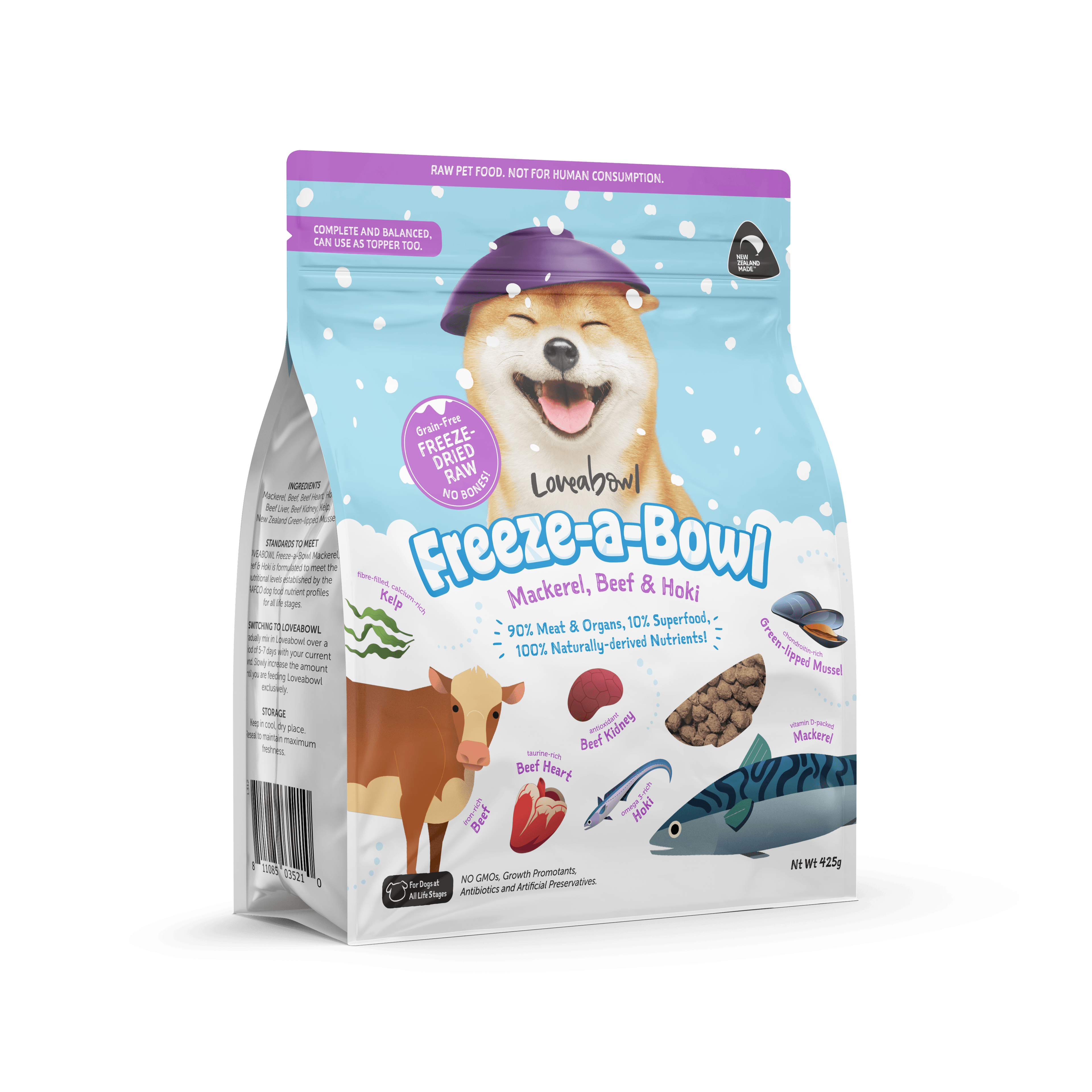 Loveabowl Freeze-a-Bowl Freeze Dried Dog Food (Mackerel, Beef & Hoki), 425g