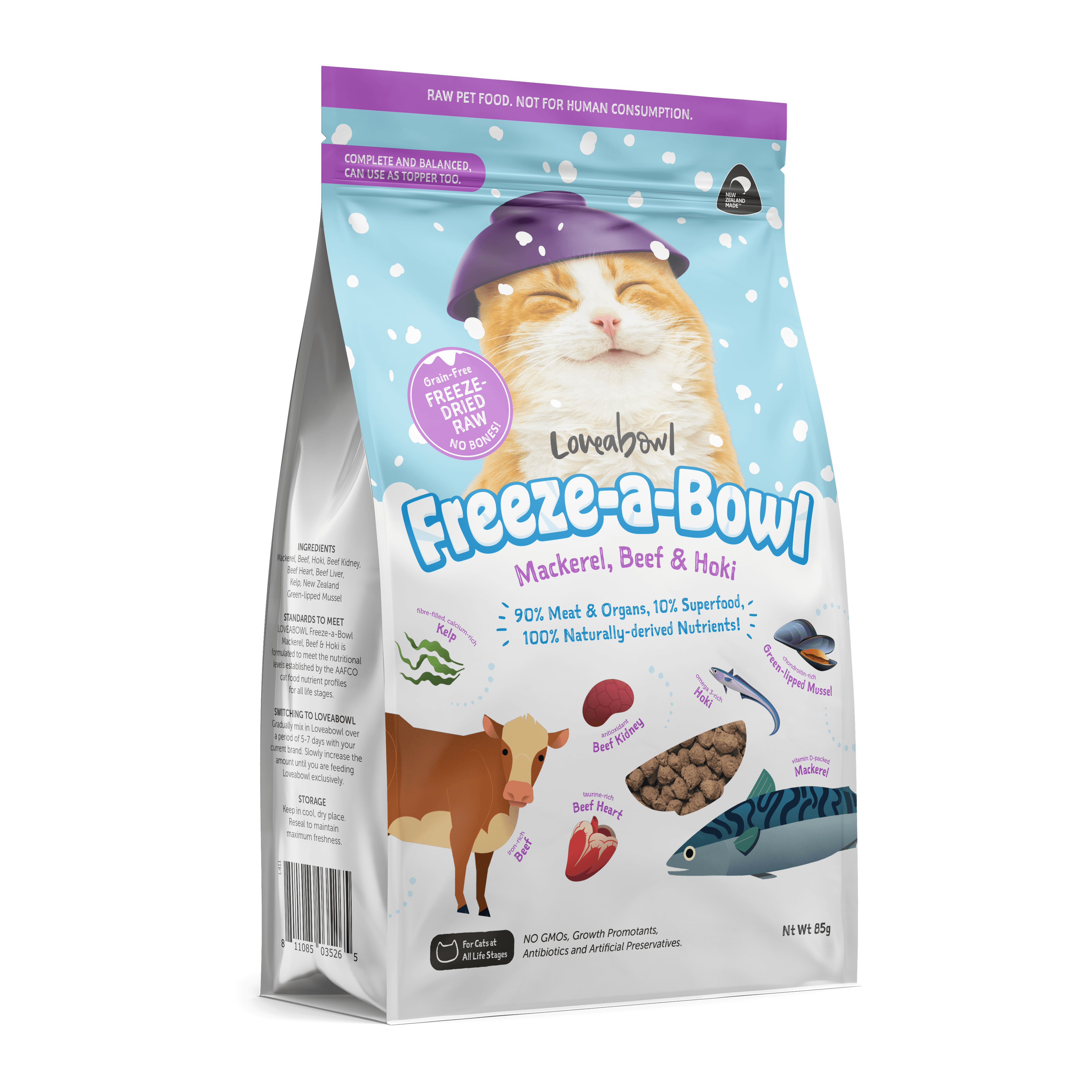 Loveabowl Freeze-a-Bowl Freeze Dried Cat Food (Mackerel, Beef & Hoki), 85g