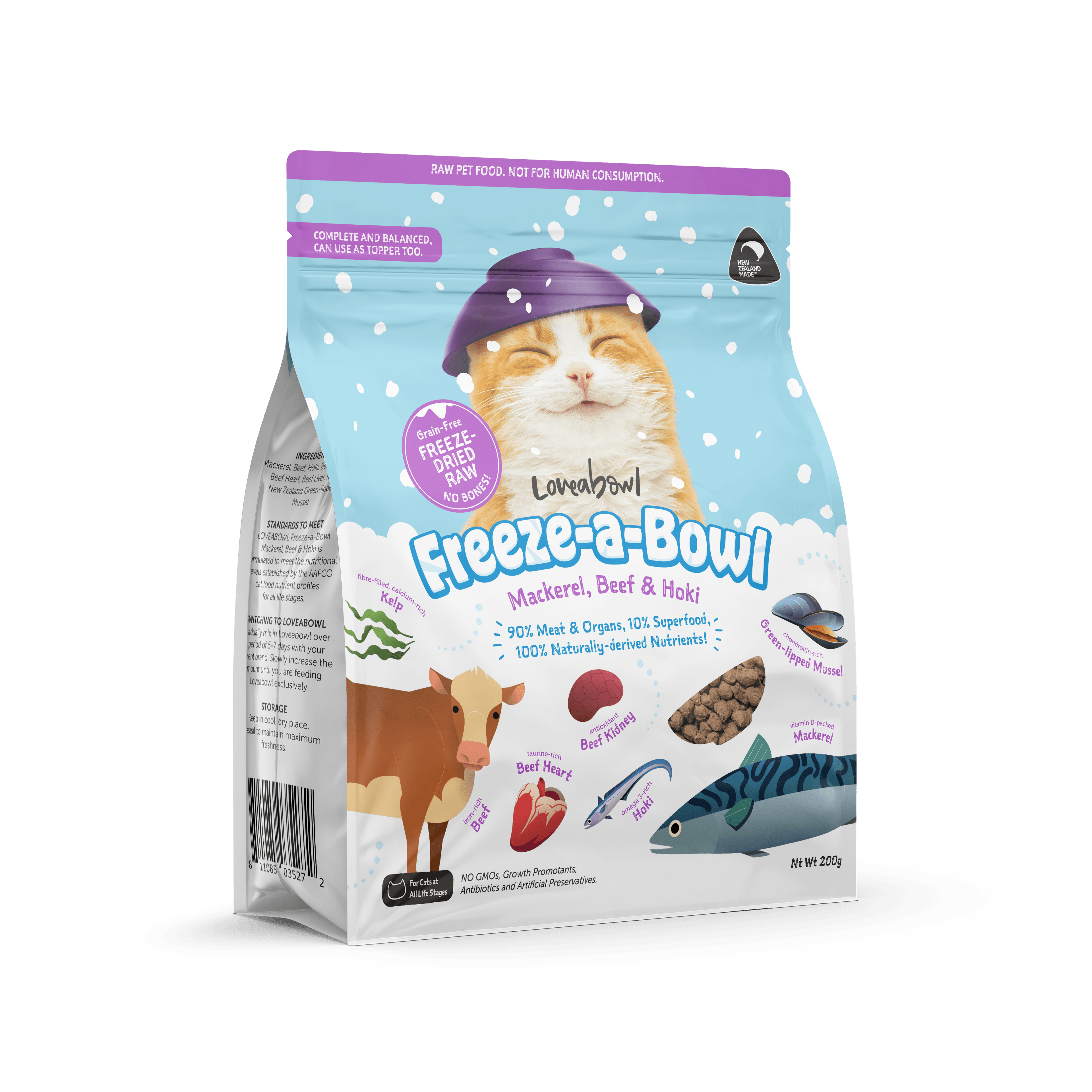 Loveabowl Freeze-a-Bowl Freeze Dried Cat Food (Mackerel, Beef & Hoki), 200g