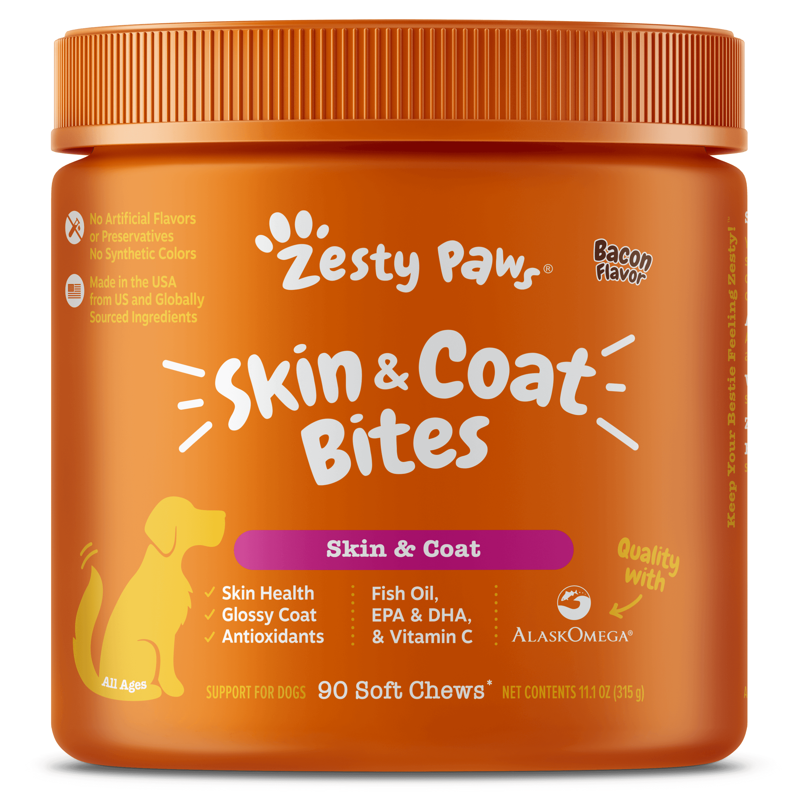 Zesty Paws Skin & Coat Bites Dog Supplements (Bacon), 90ct