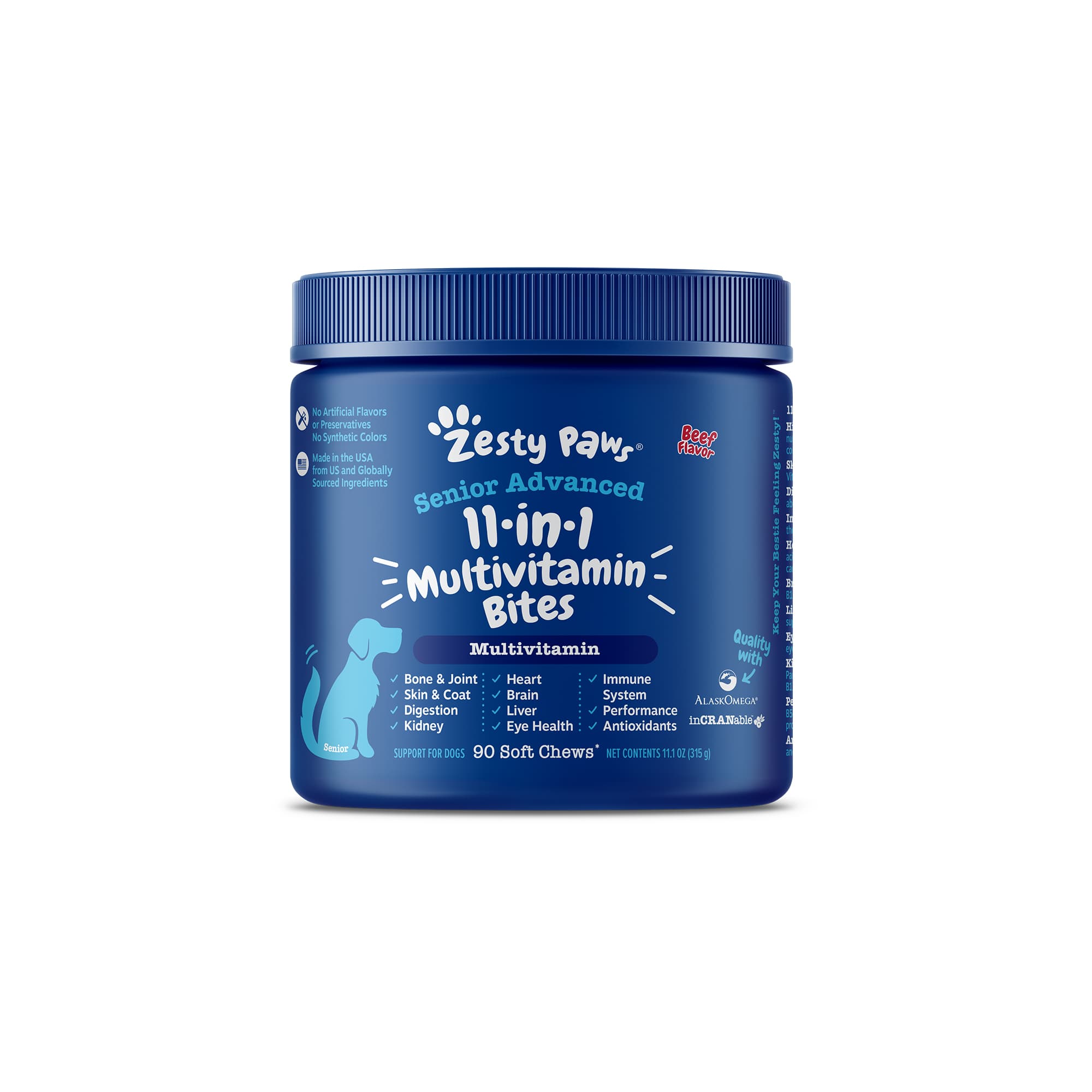 Zesty Paws Senior Advanced 11-in-1 Bites Dog Supplements (Beef), 90ct